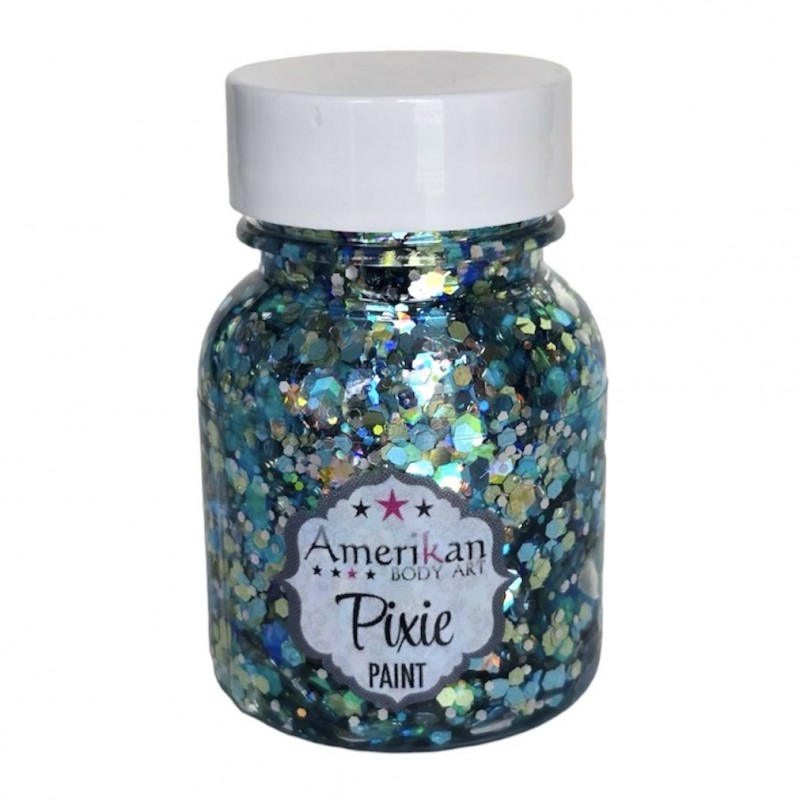 Glitzergel mit Aloe Vera, Pixie Paint \"Splash\" Hologramm-Glitter in Hellblau und Blassgrün.